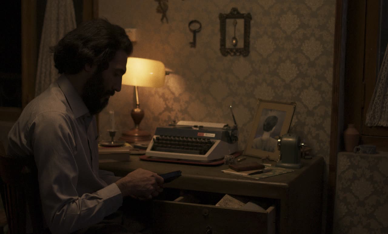 A man types at a desk lit by a lamp