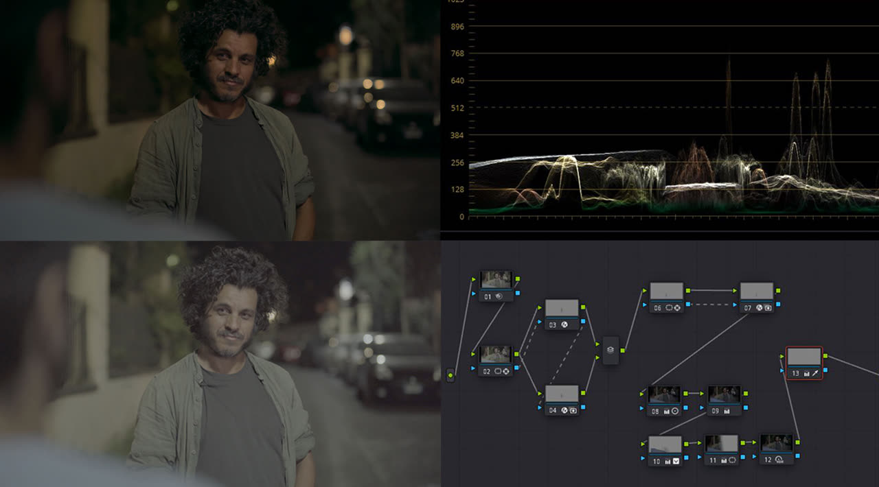 Colour grading Outcast: a graded frame beside scopes and node graph