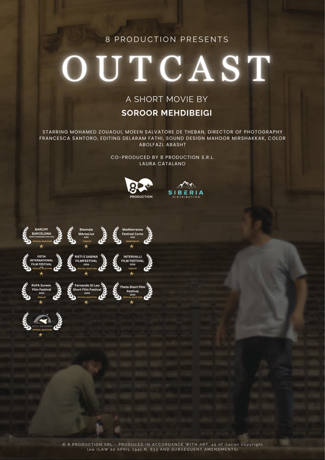 Outcast poster: two young men on a stone stairway at night, with festival laurels
